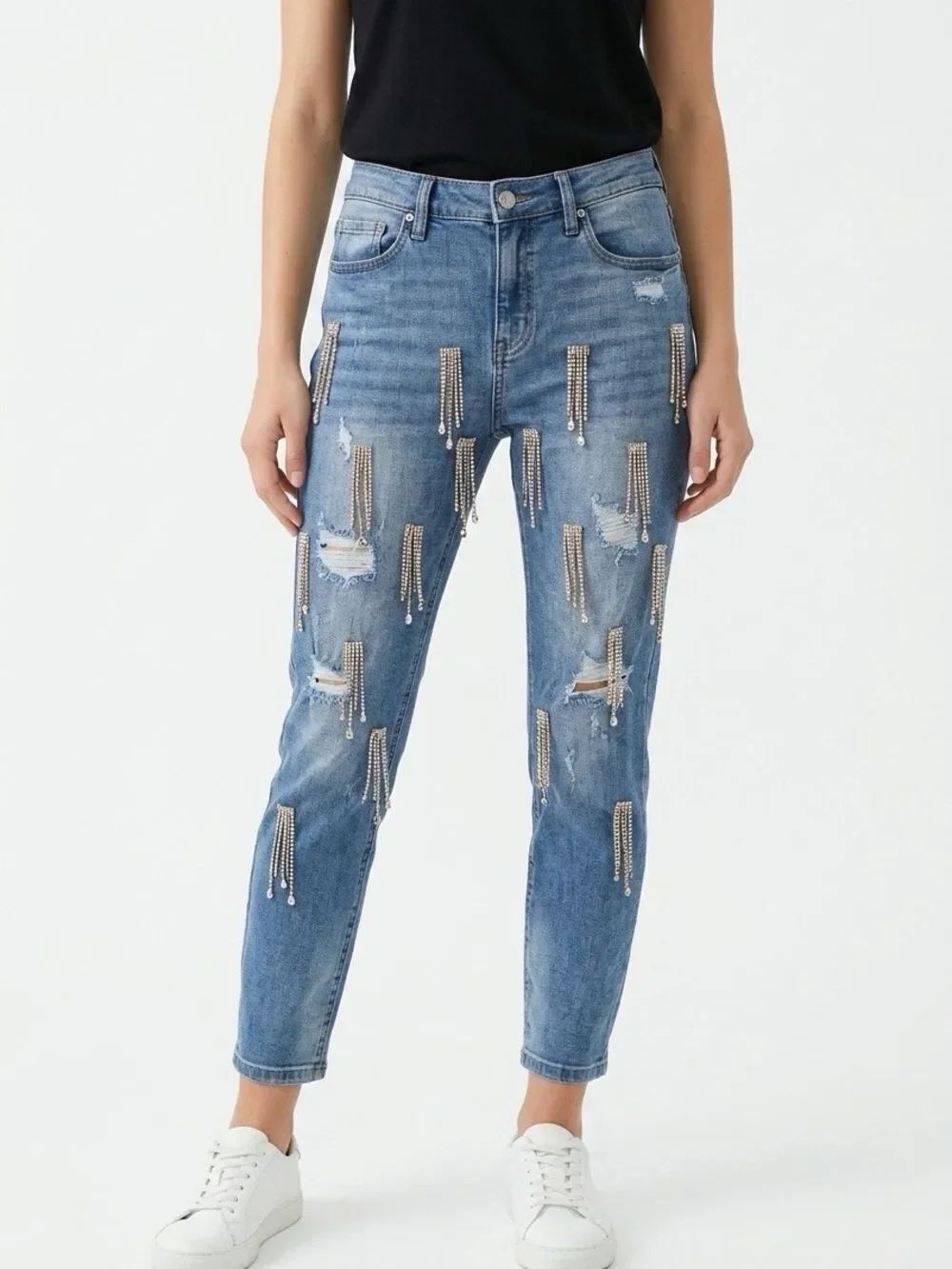 Eunina Denim Blue Distressed Ankle Jeans with Crystal Fringe